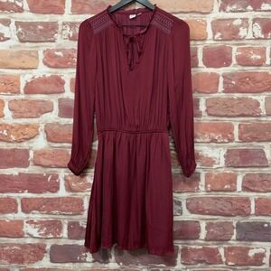 Gap Dress Women's Small Burgundy Embroidered Boho Peasant Casual Tie Neck